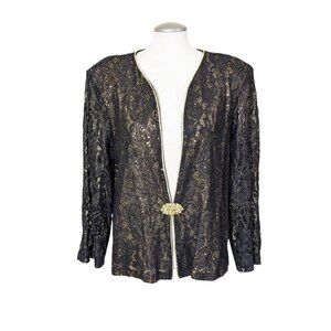 Vintage Womens Sheer Evening Jacket Plus 4XL Black Gold Sequin Rhinestone Clasp